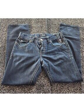 MEK Denim Blue Boston Straight Distressed Button Fly Denim Jeans Men 33x34 Y2K